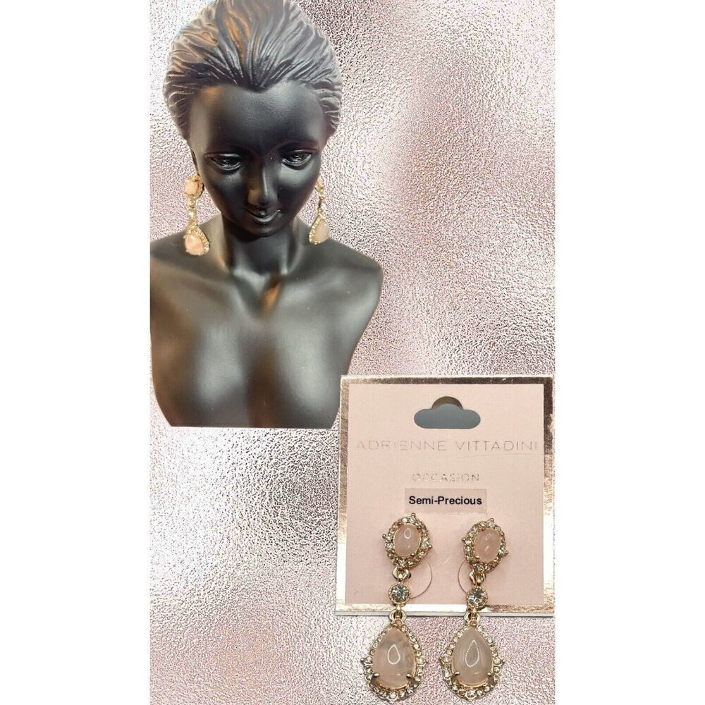 Adrienne Vittadini Pink Semi-Precious Stone Crystal Pave Teardrop Drop Earrings